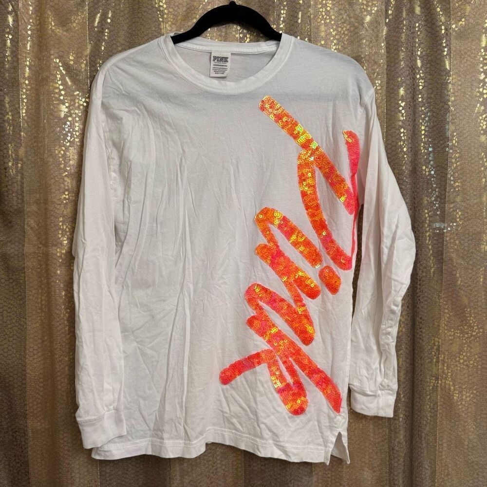 PINK Victorias Secret White Long Sleeve Campus Pink Sequin Bling Shirt XS